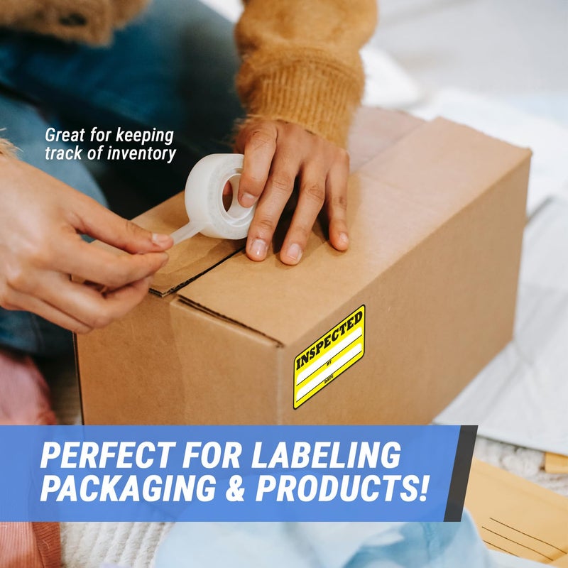 OfficeSmartLabels Inspection Stickers - 3""x1.5"" Rectangular Inspection Labels in Bright Yellow - Writable Space By & Date for Inventory Quality Control Warehouse Shipping Handling Strong Adhesive [1200 Labels per Roll] - Image 3
